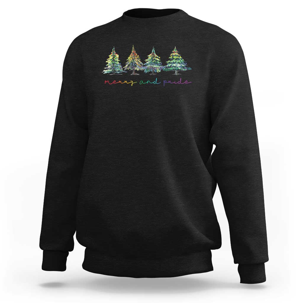 Black crewneck sweatshirt with colorful pride Christmas tree graphic on chest