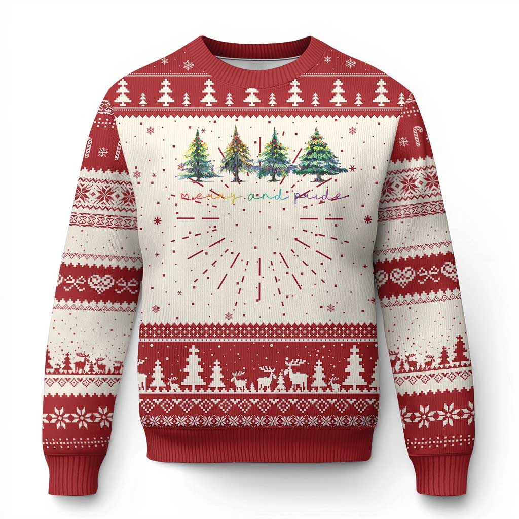 Red and cream Christmas sweater with tree motifs, festive border bands, and crew neck.