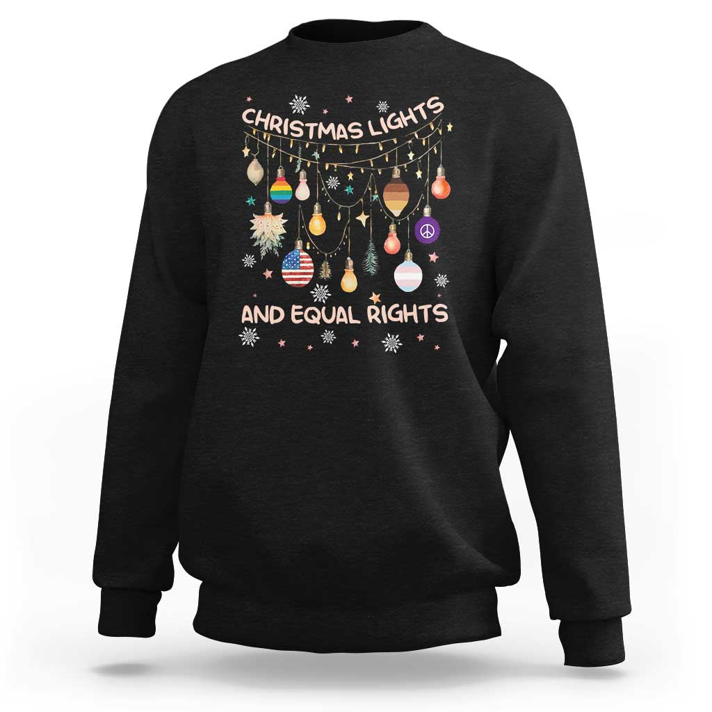 Black crewneck sweatshirt with Christmas lights and equal rights LGBTQ graphic