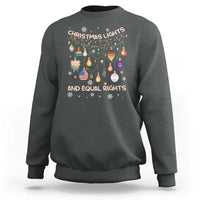 Dark heather gray crewneck sweatshirt with Christmas lights and equal rights LGBTQ graphic