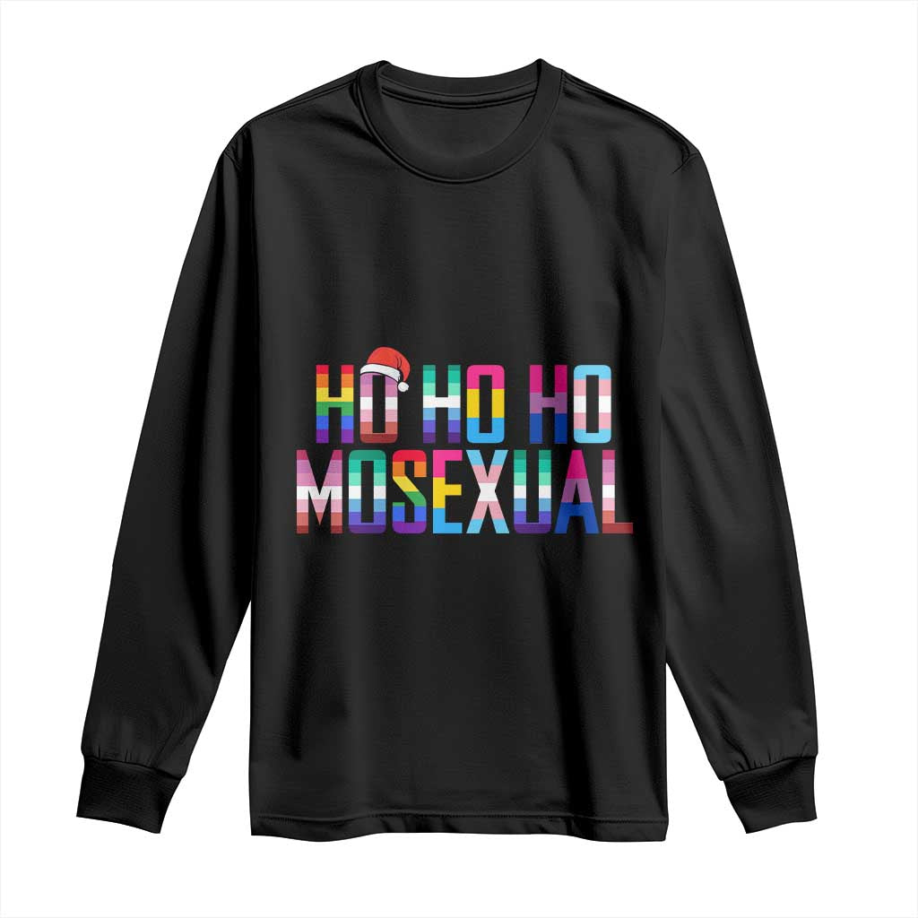 Long-sleeve crewneck shirt, black, colorful HO HO HO MosexuaL graphic.