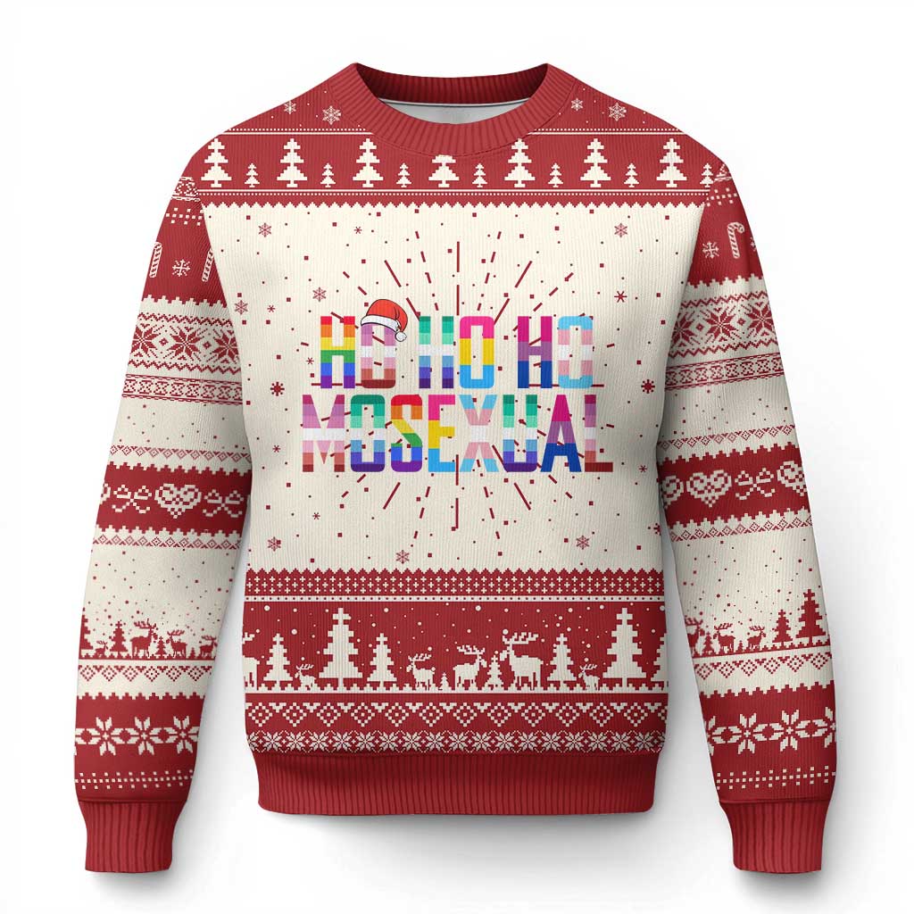 Red and white Christmas sweater with tree pattern and colorful Ho Ho Ho graphic
