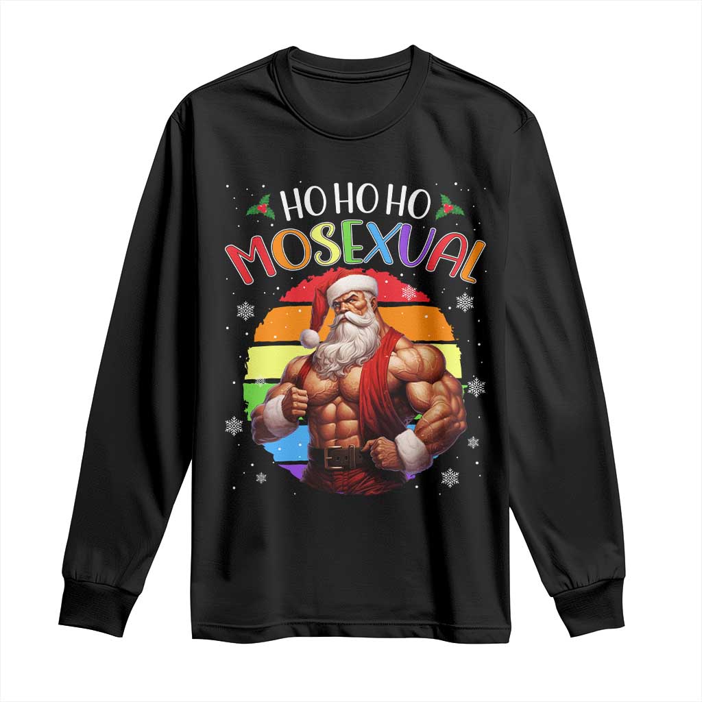 Black long-sleeve T-shirt with Santa graphic and rainbow MOSEXUAL lettering