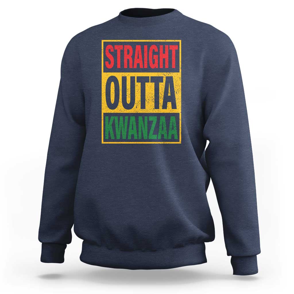 Navy crewneck sweatshirt with "STRAIGHT OUTTA KWANZAA" front graphic.