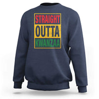 Navy crewneck sweatshirt with "STRAIGHT OUTTA KWANZAA" front graphic.