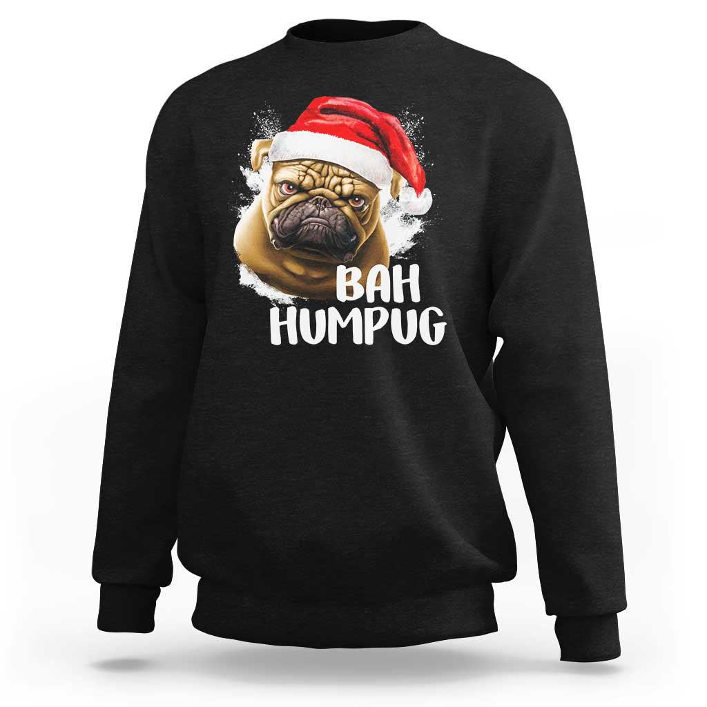 Black pug dog sweatshirt with Santa hat graphic and 'BAH HUMPUG' text