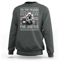 Dark heather gray crewneck sweatshirt with “Tis the Season for Justice” graphic and long sleeves