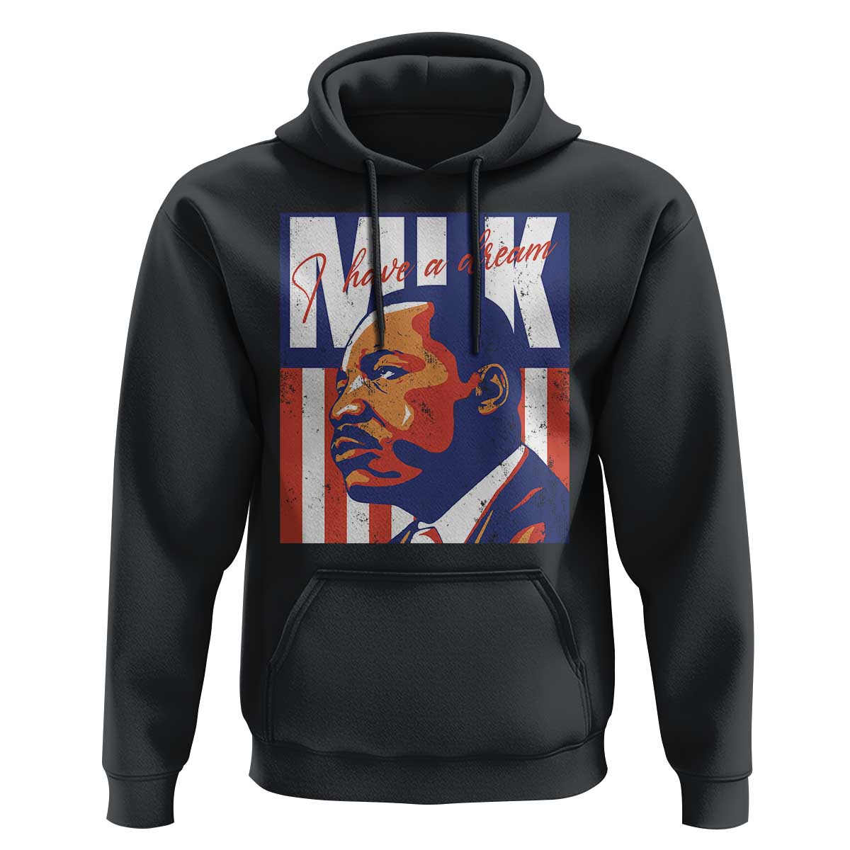 Black pullover hoodie with front MLK portrait graphic and flag stripes, kangaroo pocket.