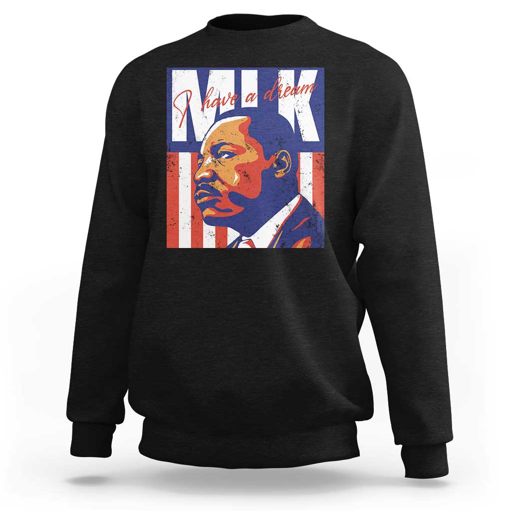 Black pullover sweatshirt with front graphic portrait and American flag-style design
