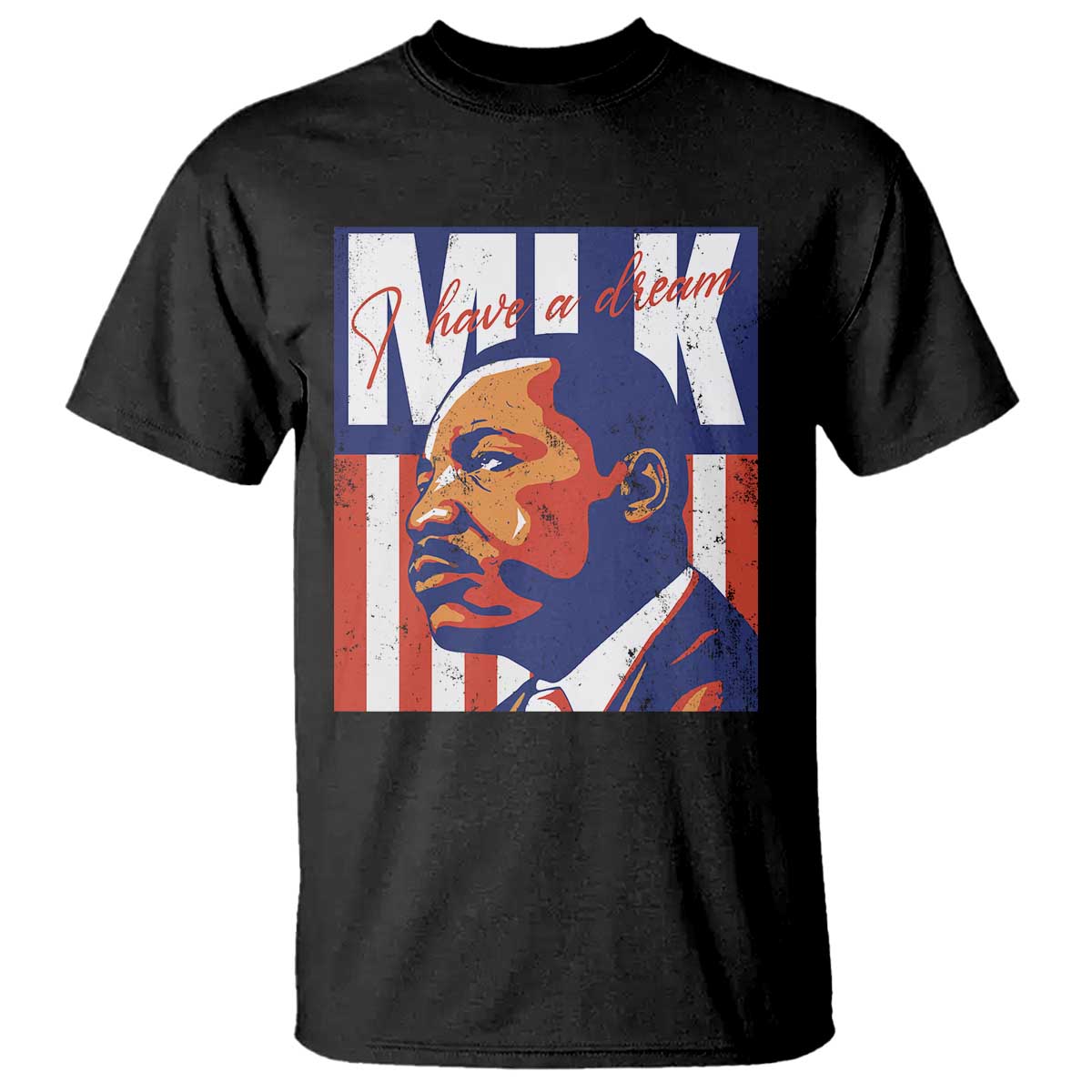 MLK Day graphic t-shirt in black with “I Have a Dream” portrait and flag-style print