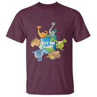 Maroon t-shirt with colorful cartoon dinosaurs and "Save Our Planet" front graphic