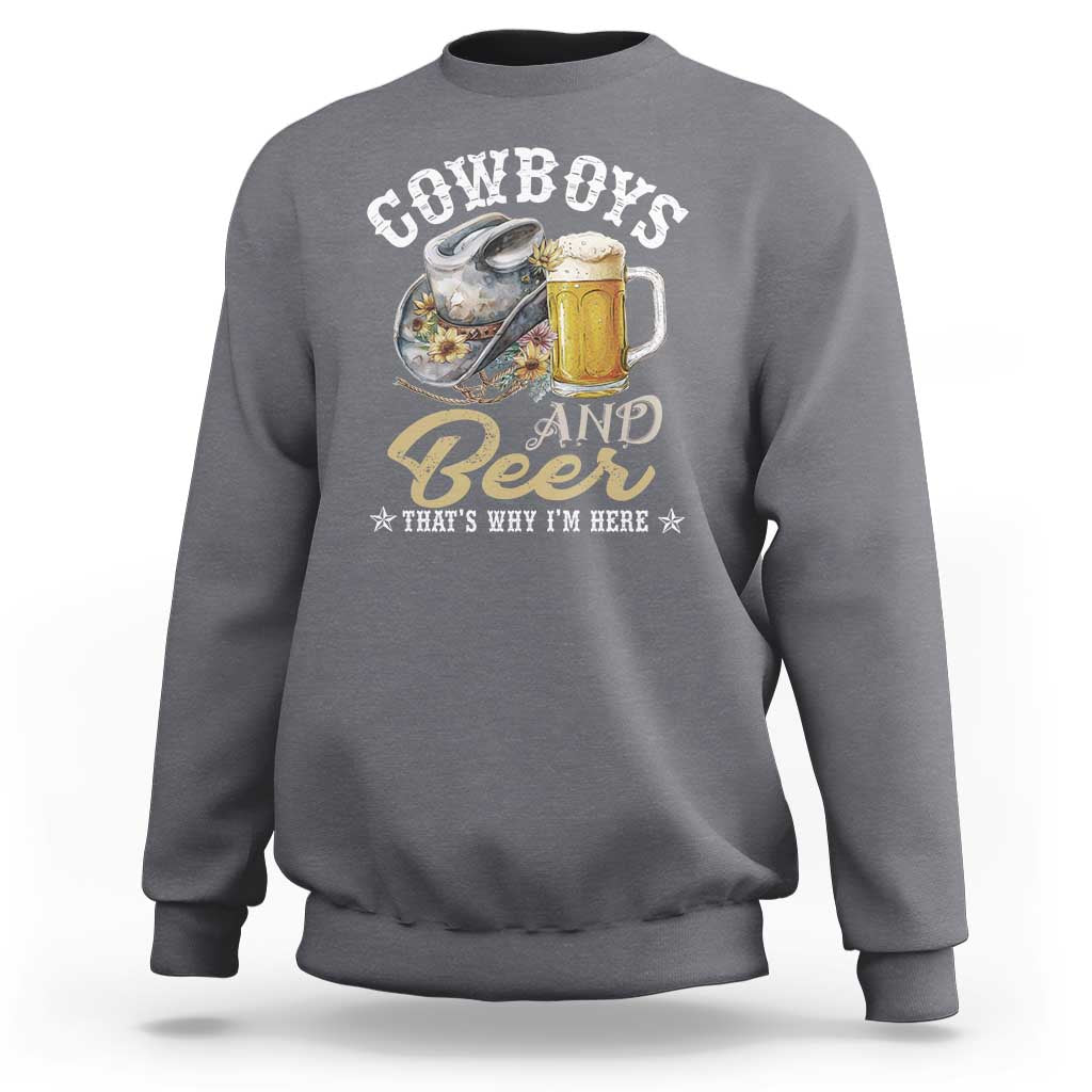Light heather gray crewneck sweatshirt with Cowboys and Beer graphic featuring beer mug and stars