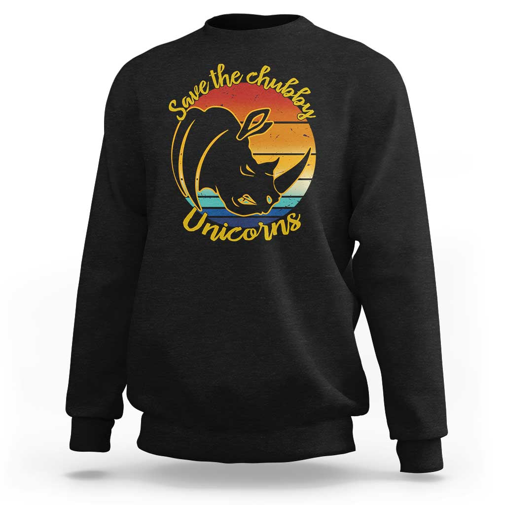 Unisex black sweatshirt with Save the Chubby Unicorns rhino front print