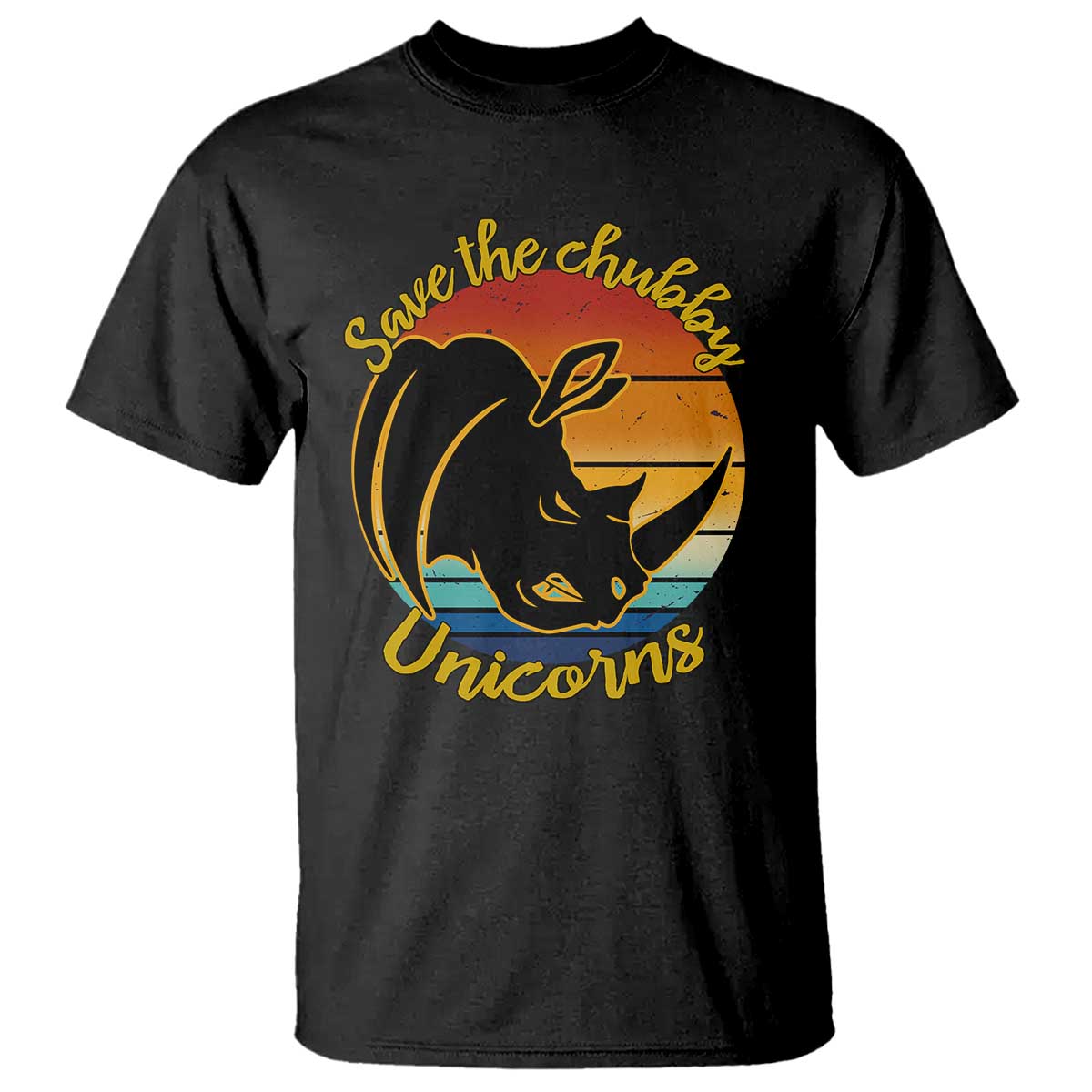 Black T-shirt with rhino graphic and unicorn text