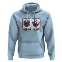 Light blue pullover hoodie with front graphic “Problem Solved” puzzle cubes
