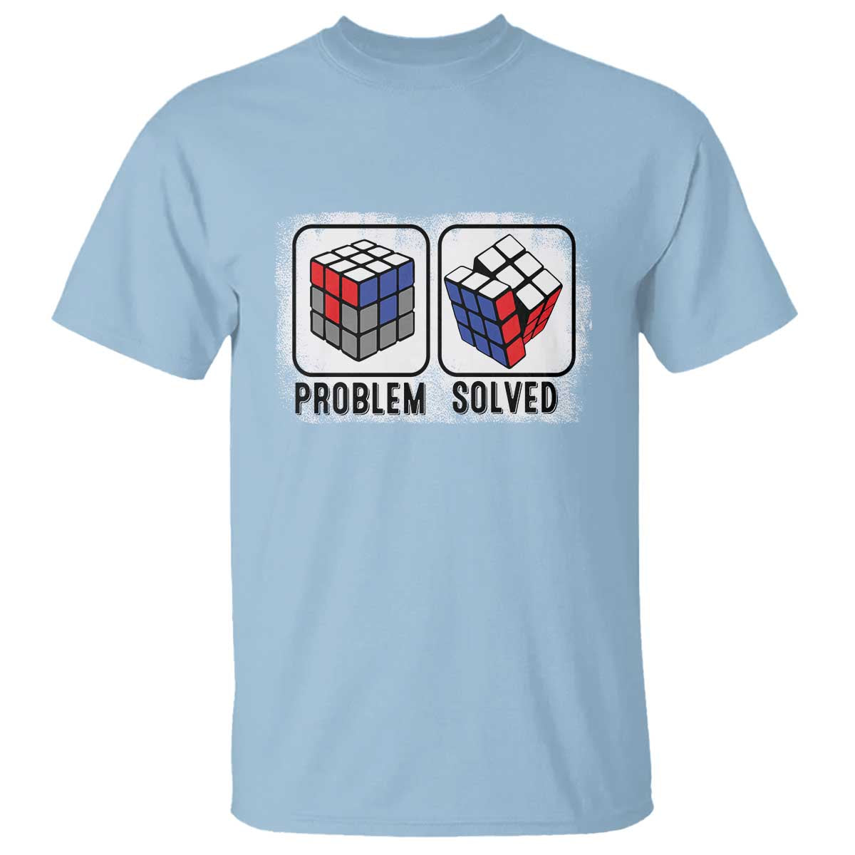 Light blue puzzle cube T-shirt with 'Problem solved' chest graphic.
