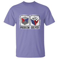 Violet puzzle cube T-shirt with 'Problem solved' chest graphic.