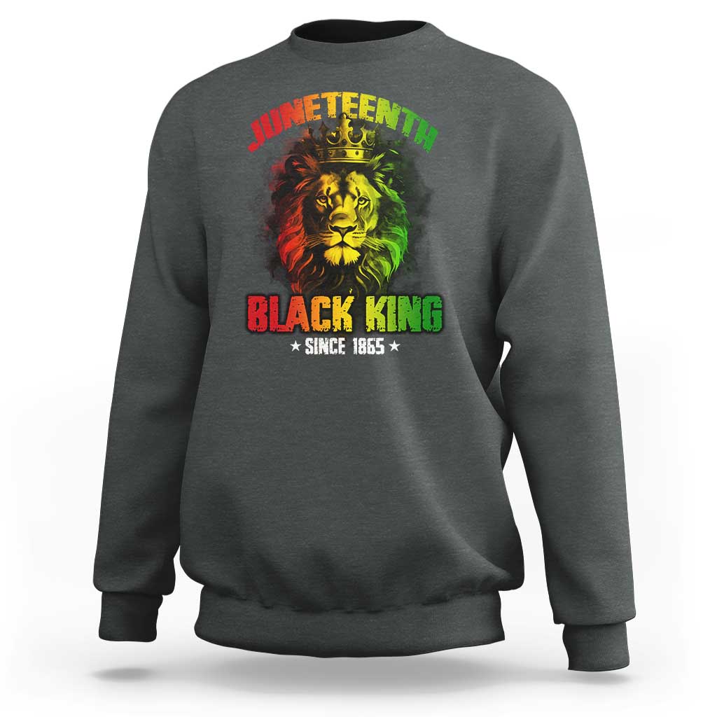 Charcoal gray crewneck sweatshirt with colorful lion and Juneteenth Black King graphic