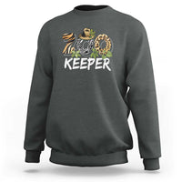 Charcoal zookeeper sweatshirt with 'KEEPER' zoo animal graphic, long sleeves