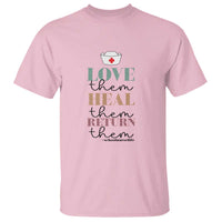 Light pink school nurse T-shirt with medical cross and “Love them Heal them Return them” text