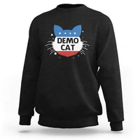 Black sweatshirt with “DEMO CAT” graphic on chest, long sleeves