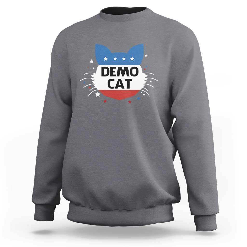 Gray heather sweatshirt with “DEMO CAT” graphic on chest, long sleeves
