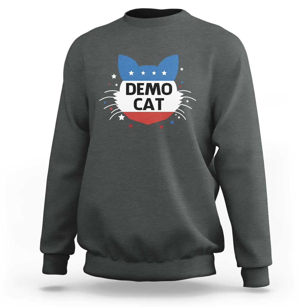 Dark heather sweatshirt with “DEMO CAT” graphic on chest, long sleeves