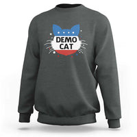 Dark heather sweatshirt with “DEMO CAT” graphic on chest, long sleeves