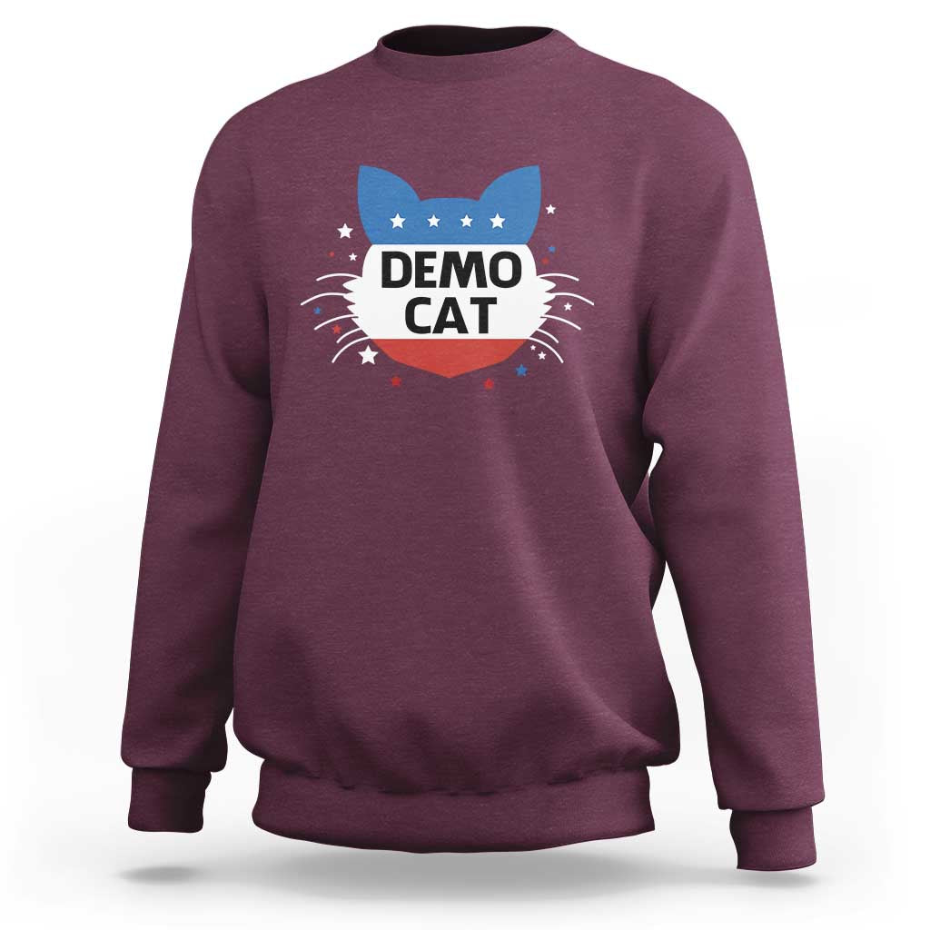Maroon sweatshirt with “DEMO CAT” graphic on chest, long sleeves