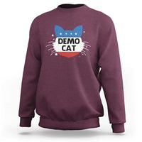Maroon sweatshirt with “DEMO CAT” graphic on chest, long sleeves