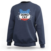 Navy sweatshirt with “DEMO CAT” graphic on chest, long sleeves