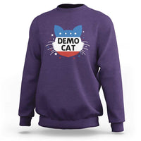 Purple sweatshirt with “DEMO CAT” graphic on chest, long sleeves