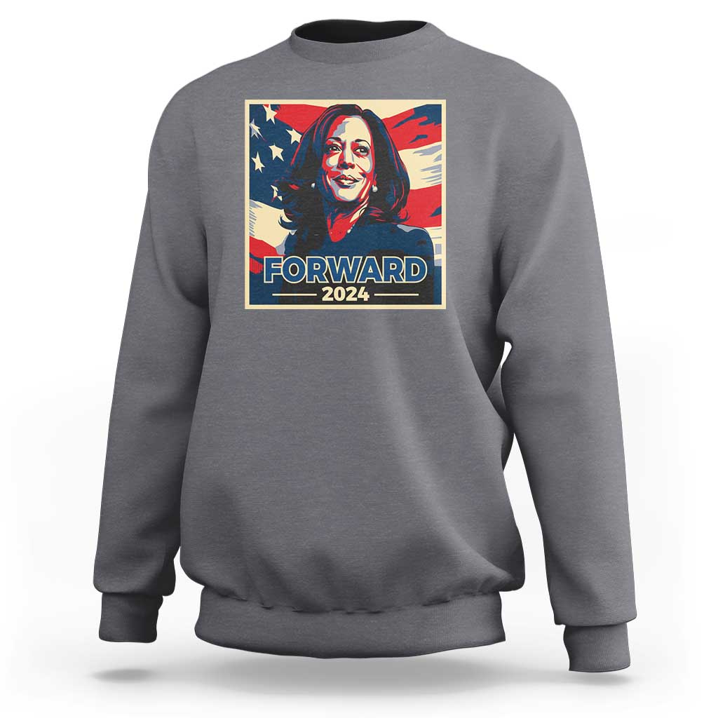 Harris supporter sweatshirt in charcoal gray with 'Forward 2024' US flag portrait graphic