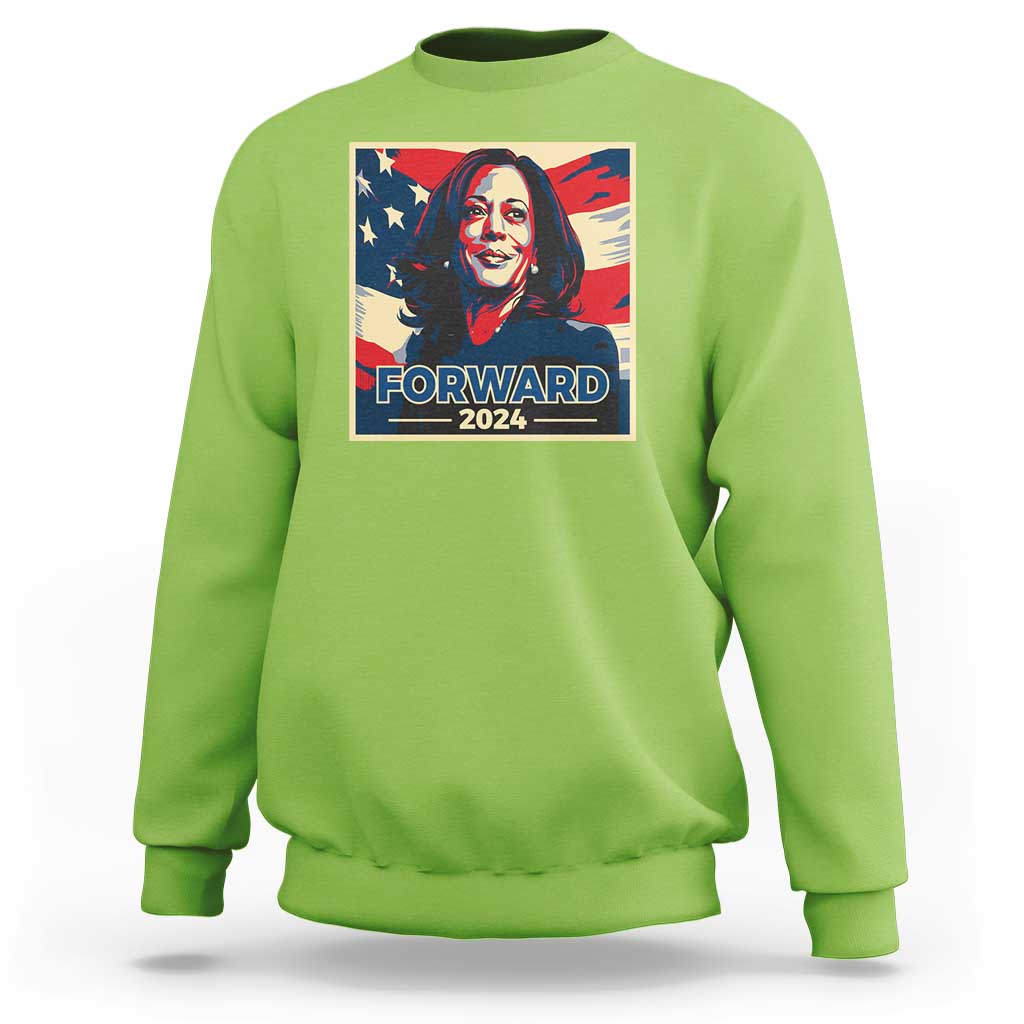 Harris supporter sweatshirt in lime green with 'Forward 2024' US flag portrait graphic