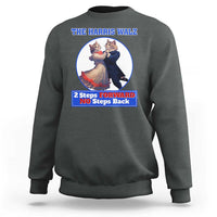 Dark heather sweatshirt with chest cat dancing graphic and “2 Steps Forward No Steps Back” text