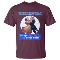 Maroon T-shirt with cats dancing graphic and text '2 Steps Forward No Steps Back'.