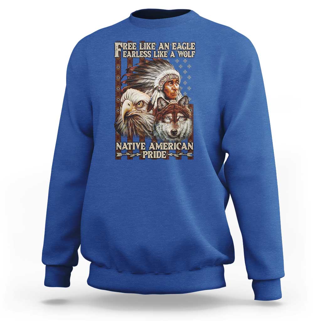 Royal blue crewneck sweatshirt with Native American Pride eagle and wolf graphic