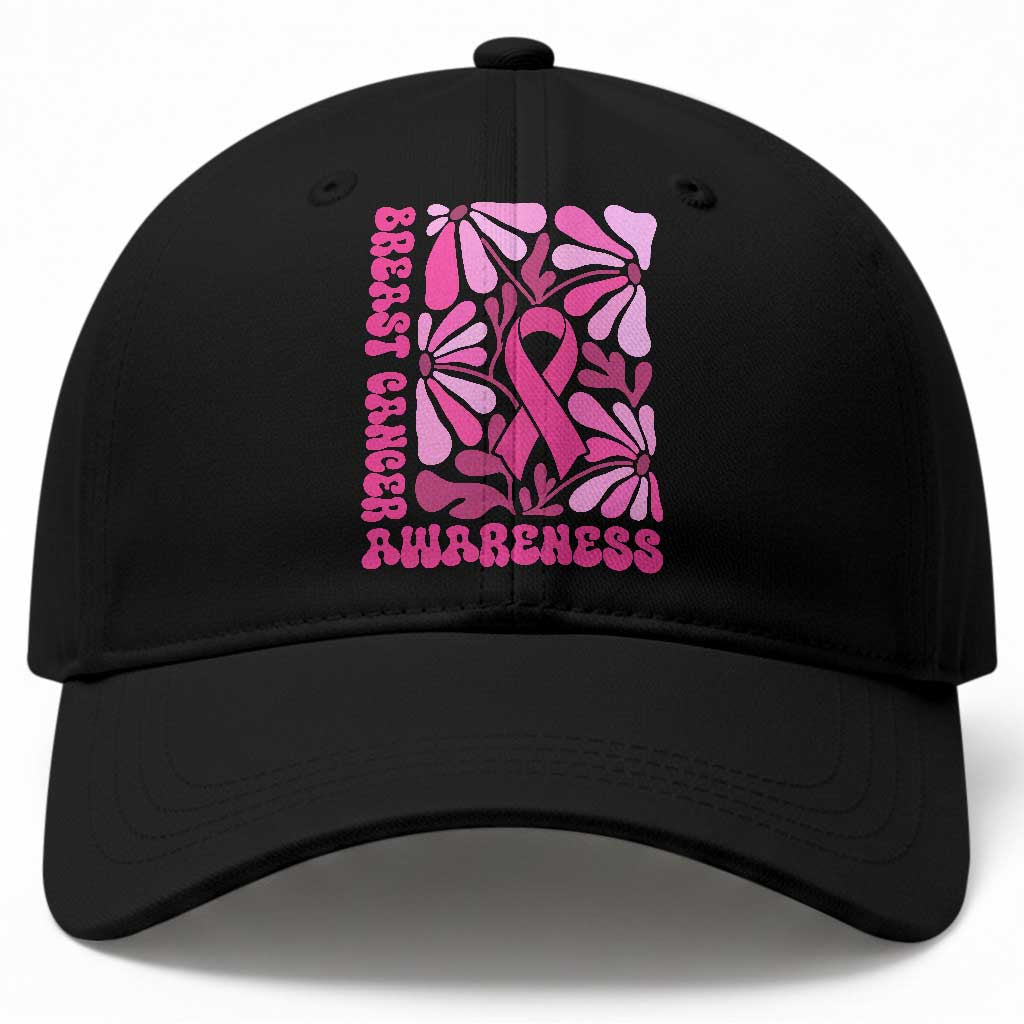 Breast Cancer Awareness Baseball Cap Pink Ribbon 60s 70s Retro Groovy Flower