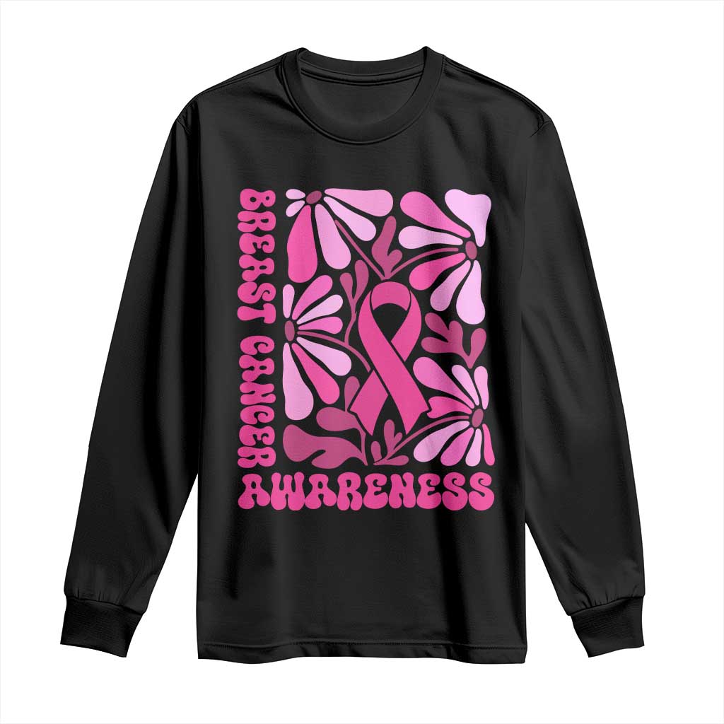 Breast Cancer Awareness Long Sleeve Shirt Pink Ribbon 60s 70s Retro Groovy Flower