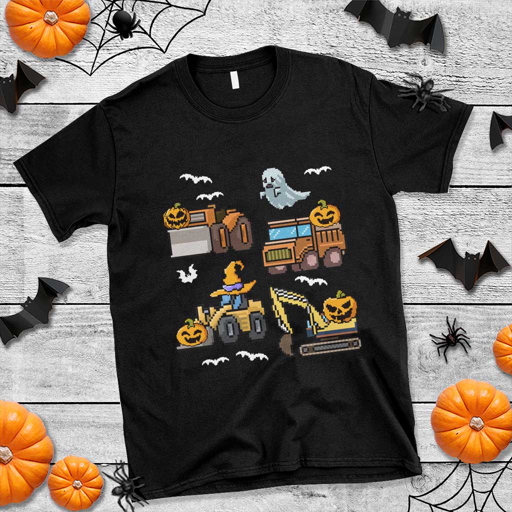 Halloween construction truck graphic T-shirt in black with pumpkin and ghost prints