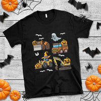 Halloween construction truck graphic T-shirt in black with pumpkin and ghost prints