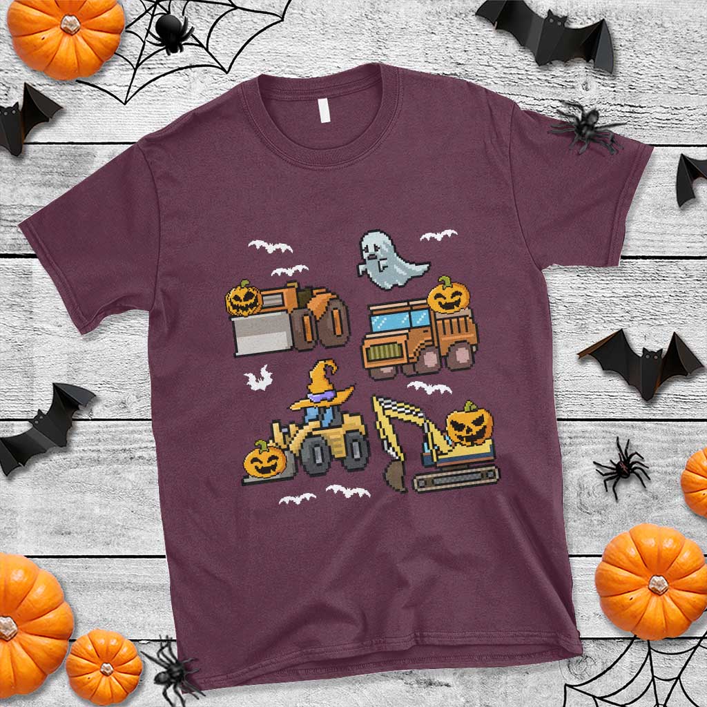 Halloween construction truck graphic T-shirt in maroon with pumpkin and ghost prints