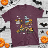 Halloween construction truck graphic T-shirt in maroon with pumpkin and ghost prints