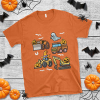 Halloween construction truck graphic T-shirt in orange with pumpkin and ghost prints