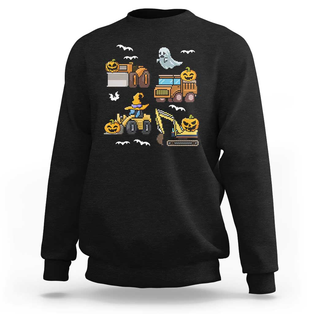 Black Halloween sweatshirt with pixel ghost and construction truck graphic.