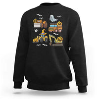 Black Halloween sweatshirt with pixel ghost and construction truck graphic.
