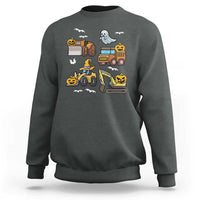 Dark heather Halloween sweatshirt with pixel ghost and construction truck graphic.