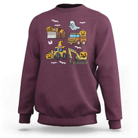Maroon Halloween sweatshirt with pixel ghost and construction truck graphic.