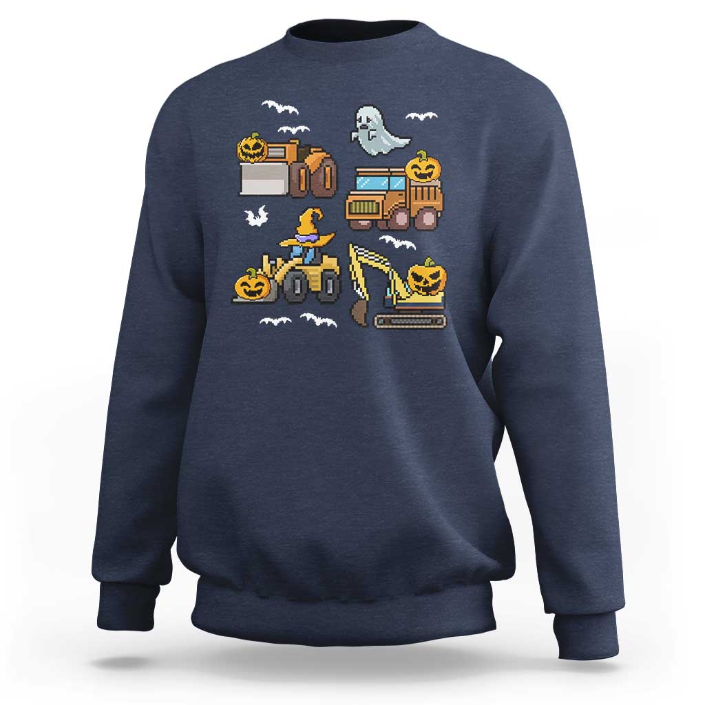 Navy Halloween sweatshirt with pixel ghost and construction truck graphic.