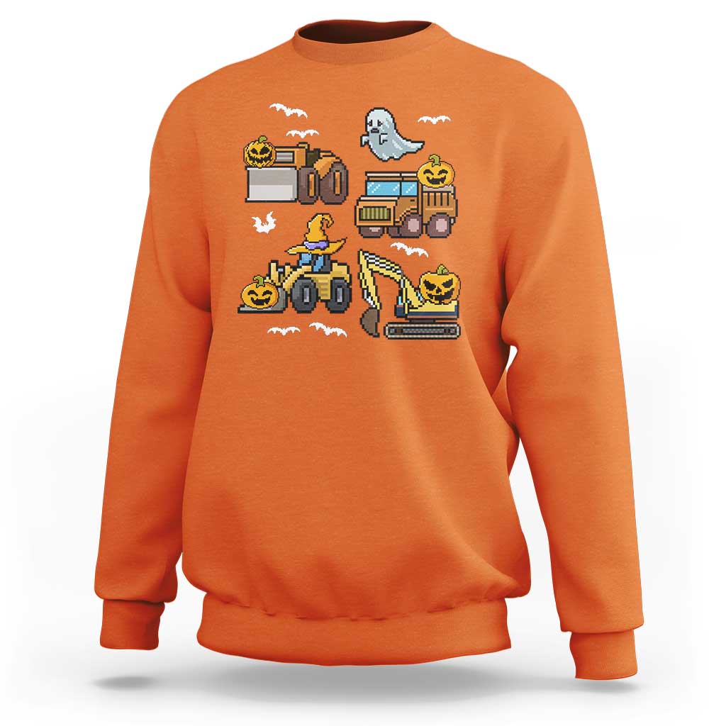 Orange Halloween sweatshirt with pixel ghost and construction truck graphic.